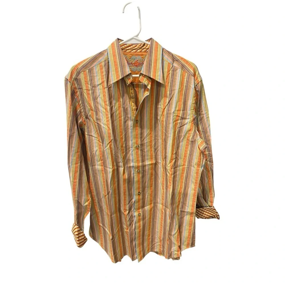 ROBERT GRAHAM Mens 100% Cotton flip cuff Orange Button floral stripe Shirt sz M - Picture 2 of 9